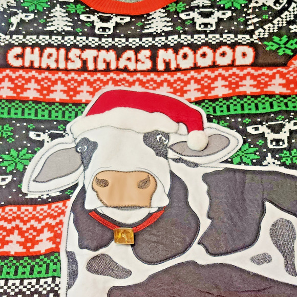 Christmas Xmas Ugly Sweater UNISEX “Christmas Mood Cow” Working Bell Med or XL - Picture 2 of 3